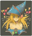 1girl aikosu_(icos) bare_shoulders blonde_hair blue_eyes blue_headwear blush_stickers breasts cleavage dark_magician_girl duel_monster eyebrows_visible_through_hair hat heart large_breasts long_hair looking_at_viewer outline solo upper_body white_outline wizard_hat yu-gi-oh! yu-gi-oh!_duel_monsters 