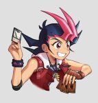  1boy arm_belt belt black_hair blush bracelet brown_gloves card commentary_request fingerless_gloves gloves grin hands_up holding holding_card jewelry koma_yoichi male_focus necklace pink_hair red_eyes shiny shiny_skin shirt single_glove sleeveless smile solo spiked_hair teeth tsukumo_yuuma upper_body yu-gi-oh! yu-gi-oh!_zexal 