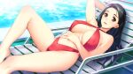  1girl arm_up barefoot beach_chair bikini black_hair breasts brown_eyes covered_nipples day doukyuusei earrings game_cg highres jewelry large_breasts long_hair looking_at_viewer lying masaki_natsuko o-ring official_art on_back open_mouth outdoors pool red_bikini shiny shiny_hair solo sparkle sumeragi_kohaku sunlight swimsuit 