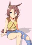  1girl animal_ears belt blue_eyes blue_pants brown_belt brown_hair closed_mouth collarbone denim horse_ears horse_girl horse_tail moti_coi narita_taishin_(umamusume) navel pants pink_background shadow short_hair simple_background solo tail umamusume 