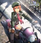  1girl belt belt_pouch beret blue_eyes blurry blurry_background breasts brown_belt brown_gloves closed_mouth collared_shirt commentary copyright_name cowboy_shot cropped_jacket day eiyuu_densetsu enami_katsumi from_above gloves green_headwear green_jacket grey_legwear grey_shirt ground_vehicle hair_between_eyes hajimari_no_kiseki hat jacket leather leather_gloves light_brown_hair logo looking_at_viewer medium_breasts motor_vehicle motorcycle necktie noel_seeker official_art outdoors pavement pink_neckwear pink_shorts pouch railing riding shirt short_hair short_shorts shorts sitting smile solo strap sunlight thighhighs thighs unzipped wing_collar zettai_ryouiki 