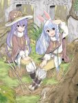  2girls alternate_costume animal_ears blue_hair braid bunny_ears carrot cloak hat highres hololive hololive_indonesia long_hair moona_hoshinova multiple_girls mushroom purple_hair ruins sitting staff usada_pekora virtual_youtuber witch_hat yurai0739 