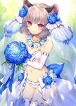  1girl animal_ears bangs bikini blue_capelet blue_flower bouquet bow breasts bridal_veil bride capelet closed_mouth commission cowboy_shot elbow_gloves eyebrows_visible_through_hair flower gloves grey_hair hair_flower hair_ornament holding holding_bouquet jewelry looking_at_viewer mouse_ears navel nazrin outdoors pendant red_eyes short_hair skeb_commission small_breasts smile solo standing swimsuit thighhighs tomobe_kinuko touhou veil wedding white_bikini white_bow white_gloves white_legwear 