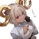  1girl ahoge animal_ears arknights black_gloves carnelian_(arknights) commentary gloves goat_ears goat_girl goat_horns grey_hair grey_jacket hair_between_eyes hand_on_own_face highres horns jacket looking_at_viewer raw_egg_lent red_eyes shirt short_hair simple_background smile solo symbol_commentary upper_body white_background white_shirt 