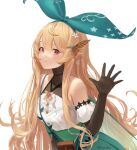  1girl artist_name bangs black_gloves blonde_hair brown_eyes butterfly_hair_ornament fairy fairy_wings gloves green_ribbon green_skirt hair_behind_ear hair_ornament hair_ribbon highres long_hair looking_at_viewer nijisanji nijisanji_en pointy_ears pomu_rainpuff pouch ribbon skirt smile solo virtual_youtuber waving white_background wings zeradok 