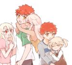  1boy 2girls :3 ahoge blush_stickers chloe_von_einzbern commentary_request emiya_shirou fang fate/kaleid_liner_prisma_illya fate_(series) highres hug hug_from_behind illyasviel_von_einzbern looking_at_another multiple_girls open_mouth orange_hair red_eyes saihara simple_background smile sweatdrop twintails upper_body white_background white_hair yellow_eyes younger 