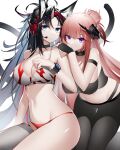  2girls absurdres animal_ears arknights arm_strap bagpipe_(arknights) bangs bare_arms bare_shoulders bikini black_choker black_hair black_legwear blaze_(arknights) blaze_(burst_feline)_(arknights) blue_eyes breasts cat_ears cat_tail choker cleavage commentary_request groin headphones headset highres horns korean_commentary large_breasts long_hair looking_at_viewer multiple_girls navel ness_(pjw0168) pantyhose parted_lips pink_hair purple_eyes simple_background stomach swimsuit tail thighs very_long_hair watch white_background white_bikini wristwatch 