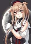  1girl asymmetrical_clothes bishoujo_senshi_sailor_moon black_serafuku brown_eyes full_moon gloves heterochromia kantai_collection light_brown_hair long_hair mayura2002 moon murasame_(kancolle) pose red_eyes remodel_(kantai_collection) school_uniform serafuku solo tsuki_ni_kawatte_oshioki_yo two_side_up white_gloves 