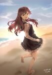  1girl ajino_(sakanahen) arashio_(kancolle) bare_legs barefoot beach blue_sky brown_eyes brown_hair cloud cloudy_sky dated dawn day dress eyebrows_visible_through_hair frilled_dress frills full_body gradient_sky hair_between_eyes highres horizon kantai_collection long_hair long_sleeves looking_at_viewer looking_back morning ocean open_mouth outdoors pinafore_dress sand shirt sky smile standing standing_on_one_leg sunrise twitter_username water white_shirt 