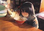  1girl bangs bed black_hair blue_sweater blush bowl chopsticks closed_mouth commentary_request dog eating eyebrows_visible_through_hair food glasses hair_between_eyes holding holding_chopsticks indoors long_hair long_sleeves looking_at_food looking_down morifumi noodles on_floor original pillow ramen room shelf signature sitting steam sweater table 