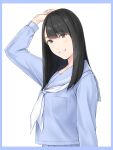  1girl arm_up bangs black_hair blue_sailor_collar blue_serafuku brown_eyes commentary_request highres hinatazuka46_(group) kageyama_yuuka light_blush lips long_hair long_sleeves looking_at_viewer nayuta69 neckerchief parted_bangs parted_lips real_life sailor_collar school_uniform serafuku smile solo upper_body white_neckwear 