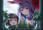  2girls animal_ears bangs banned_artist black_hair blurry blurry_background bunny_ears collared_shirt crescent crescent_pin floppy_ears flower frog holding holding_umbrella hydrangea inaba_tewi long_hair looking_at_viewer multiple_girls necktie oil-paper_umbrella open_mouth plant potted_plant purple_hair rain red_eyes red_neckwear red_umbrella reisen_udongein_inaba shirt short_hair smile touhou umbrella upper_body white_shirt yuuka_nonoko 