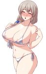  1girl bangs bare_shoulders bikini blush breasts cleavage closed_eyes collarbone covered_nipples grey_hair large_breasts long_hair looking_at_viewer low_tied_hair mature_female micro_bikini namidame navel open_mouth solo swimsuit thighs transparent_background uzaki-chan_wa_asobitai! uzaki_tsuki white_bikini 