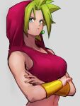  1girl breasts closed_mouth crop_top crossed_arms dragon_ball dragon_ball_super earrings green_hair grey_background hood hood_up jewelry kefla_(dragon_ball) kemachiku large_breasts looking_at_viewer potara_earrings short_hair simple_background solo super_saiyan upper_body 