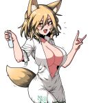  1girl animal_ear_fluff animal_ears blonde_hair blush breasts collarbone commentary_request corked_bottle cowboy_shot finger_touching formicid fox_ears fox_girl fox_shadow_puppet fox_tail green_ribbon hands_up holding holding_test_tube jaggy_line jumpsuit korean_commentary kudamaki_tsukasa large_breasts looking_at_viewer navel onesie open_clothes open_mouth ribbon romper sharp_teeth short_hair short_sleeves simple_background solo sweat tail teeth test_tube touhou white_background white_jumpsuit yellow_eyes 