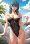  1girl black_swimsuit blue_hair breasts byleth_(fire_emblem) byleth_(fire_emblem)_(female) cleavage covered_navel earrings fire_emblem fire_emblem:_three_houses highleg highleg_swimsuit highres hoop_earrings jewelry lake large_breasts necklace one-piece_swimsuit sciamano240 solo strap_pull summer swimsuit thigh_gap 