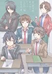  5boys advanced_nurturing_high_school_uniform ahoge araragi_koyomi artist_name ayanokouji_kiyotaka azusagawa_sakuta bangs black_eyes black_hair black_jacket black_pants blazer blue_neckwear book brown_eyes brown_hair brown_jacket brown_pants cellphone chair chalkboard classroom closed_mouth commentary crossover desk drawing gakuran green_jacket green_pants hair_over_one_eye hand_in_pocket hikigaya_hachiman holding holding_phone indoors jacket kita_high_school_uniform kyon long_sleeves looking_at_another looking_at_viewer looking_back male_focus monogatari_(series) multiple_boys multiple_crossover naoetsu_high_school_uniform necktie notebook on_desk open_mouth pants paper pencil phone ptrtear red_jacket red_neckwear school_chair school_desk school_uniform seishun_buta_yarou shirt shoes short_hair sitting sitting_on_desk smartphone sobu_high_school_uniform suzumiya_haruhi_no_yuuutsu table talking translation_request twitter_username uwabaki watermark white_shirt yahari_ore_no_seishun_lovecome_wa_machigatteiru. youkoso_jitsuryoku_shijou_shugi_no_kyoushitsu_e 