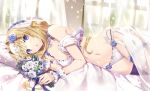  alice_schuberg bed blonde_hair flowers gabiran headdress long_hair navel panties purple_eyes signed sword_art_online thighhighs underwear 