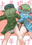  2girls anger_vein ass background_text baseball_cap black_headwear blouse blue_blouse blue_hair blue_skirt blue_swimsuit clothes_lift commentary crotch_seam dress facing_away flat_cap from_behind green_dress green_hair green_headwear hair_bobbles hair_ornament hat kawashiro_nitori legs lifted_by_another long_sleeves medium_hair miniskirt multiple_girls panties pants panty_lift short_dress short_hair skirt skirt_lift standing swimsuit swimsuit_under_clothes thighs touhou translated twintails twitter_username underwear wedgie white_panties yamashiro_takane zannen_na_hito 