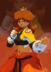  1girl alternate_costume baggy_pants bangs blue_eyes bracelet brown_hair clothes_around_waist commentary commission crop_top crown dark-skinned_female dark_skin dougi earrings english_commentary fighting_stance fingerless_gloves flak_jacket flower_earrings gloves highres jewelry karate_gi long_hair mario_(series) midriff navel pants princess_daisy signature simple_background solo spiked_bracelet spikes sportswear street_fighter tovio_rogers zoom_layer 