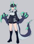  1girl black_footwear black_headwear boots claws commentary_request dragon_girl dragon_horns extra_arms green_horns grey_background hat horns knee_boots long_hair original peaked_cap sasa_onigiri shorts shorts_under_skirt silver_hair simple_background solo tail yellow_eyes 