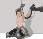  1girl 1other amugea armor armpits arms_up biting black_eyes bound bound_wrists braid breasts brown_hair cithria_(league_of_legends) gauntlets greaves grey_background half-closed_eyes highres holding holding_hair kneeling league_of_legends lip_biting long_hair navel nude ponytail restrained rope scar scar_on_face simple_background sketch solo_focus torn torn_clothes torn_legwear vambraces 