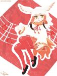  1girl bad_id bad_twitter_id bangs bird_girl bird_tail bird_wings blush frilled_sleeves frills full_body fur_collar head_wings japanese_crested_ibis_(kemono_friends) kemono_friends namekuz1paint neck_ribbon open_hands pantyhose pleated_skirt red_background red_fur red_hair red_legwear red_neckwear red_skirt ribbon shirt sidelocks signature skirt solo staff_(music) white_hair white_shirt wings yellow_eyes 