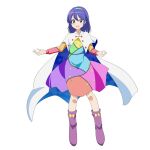  1girl arms_up blue_eyes blue_hair boots cape cato_(monocatienus) commentary_request contrapposto dress eyebrows_visible_through_hair full_body hair_between_eyes hairband highres long_sleeves looking_at_viewer multicolored multicolored_clothes multicolored_dress multicolored_hairband open_mouth patchwork_clothes purple_footwear rainbow_gradient short_hair simple_background solo standing tenkyuu_chimata touhou two-sided_cape two-sided_fabric white_background white_cape 