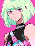  1girl absurdres bag bangs belt_buckle buckle collar colored_eyelashes ear_piercing earrings green_eyelashes green_hair highres jewelry light_green_hair lio_fotia piercing pink_background pink_eyes promare shirt short_hair simple_background solo stephanie_priscilla studded_choker upper_body 