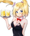  1girl aki_rosenthal alcohol bangs beer beer_mug blonde_hair blue_eyes blush bow bowtie breasts cleavage commentary cup detached_collar detached_hair haruka_kuromiya holding hololive leotard looking_at_viewer mug name_tag open_mouth parted_bangs playboy_bunny solo teeth transparent_background upper_body virtual_youtuber 