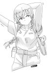  1girl armpit_peek arms_up bangs braid breasts character_name closed_mouth clothes_lift cropped_legs ergot eyebrows_visible_through_hair greyscale gun handgun holster kantai_collection long_hair monochrome pistol red_eyes rigging shirt shoulder_holster sidelocks signature simple_background single_braid sketch solo souya_(kancolle) spot_color sweat weapon 