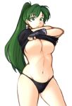  1girl absurdres black_panties breasts clothes_lift earrings fingerless_gloves fire_emblem fire_emblem:_the_blazing_blade gloves green_eyes green_hair highres jewelry large_breasts long_hair looking_at_viewer lyn_(fire_emblem) midriff panties ponytail shirt_lift solo tridisart underboob underwear undressing white_background 