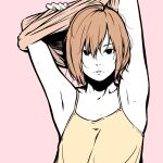  1girl armpits arms_up bangs black_eyes brown_hair brown_nails camisole hair_between_eyes halftone highres mole mole_on_arm mole_on_armpit original pink_background shadow short_hair simple_background solo upper_body yellow_camisole yoshi_mi_yoshi 