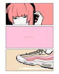  1girl bangs english_text flat_color hand_up headphones mouth_out_of_frame original print_footwear red_hair shoes solo yoshi_mi_yoshi 