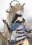 1girl arknights bangs belt black_belt black_gloves blonde_hair breasts cleavage cowboy_shot flower gloves grey_background hair_between_eyes hand_up highres holding holding_hair indigo_(arknights) infection_monitor_(arknights) long_hair medium_breasts parted_lips pointy_ears purple_eyes solo standing thigh_strap thighs two_side_up ufoliving upper_body very_long_hair white_flower 