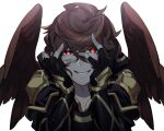  1boy armor black_armor black_gloves brown_hair commentary_request crazy_eyes crazy_smile empty_eyes feathered_wings fingerless_gloves gloves gold_trim granblue_fantasy hands_on_own_cheeks hands_on_own_face highres hizuki_miya male_focus red_eyes sandalphon_(granblue_fantasy) short_hair simple_background smile solo upper_body white_background wings yandere_trance 