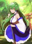  1girl absurdres ahoge bamboo bare_shoulders blue_skirt bobby36446329 breasts day detached_sleeves eyebrows_behind_hair frog_hair_ornament green_eyes green_hair grin hair_ornament hair_tubes highres holding holding_stick kochiya_sanae large_breasts long_hair looking_at_viewer outdoors shirt skirt smile solo stick torii touhou tree very_long_hair white_shirt 