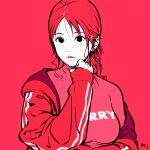  1girl black_eyes breasts flat_color hand_up highres jacket long_hair looking_at_viewer medium_breasts off_shoulder original parted_lips pink_shirt print_shirt red_background red_hair red_jacket red_theme shirt simple_background smile solo upper_body yoshi_mi_yoshi 