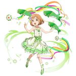  1girl :d ankle_ribbon asuna_(sao) brown_eyes brown_hair collarbone dress fish flower frilled_dress frills full_body green_footwear green_ribbon hair_flower hair_ornament hair_ribbon highres layered_dress looking_at_viewer official_art open_mouth outstretched_arms pumps purple_flower ribbon short_hair sleeveless sleeveless_dress smile solo sundress sword_art_online sword_art_online:_memory_defrag transparent_background white_legwear younger 