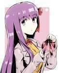  1girl absurdres artist_request bangs border bow bowtie closed_mouth eyebrows_visible_through_hair fate/extra fate/extra_ccc fate_(series) from_side gift grey_shirt hair_bow hands_up highres holding holding_gift long_hair long_sleeves looking_at_viewer looking_to_the_side matou_sakura outside_border purple_eyes purple_hair shirt sidelocks solo upper_body 