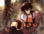  1girl belt black_hair blanket choker english_commentary gloves hair_between_eyes hay leather_choker looking_at_viewer lying midriff navel on_side optionaltypo purple_eyes rutee_katrea sheath sheathed short_hair shorts solo sword tales_of_(series) tales_of_destiny thighhighs weapon 