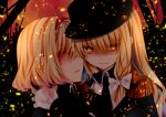  2girls alice_margatroid bangs black_headwear black_jacket blonde_hair blood blood_on_face bloody_clothes bow braid embers epaulettes eyebrows_visible_through_hair gloves glowing glowing_eyes hair_between_eyes hair_bow hairband hat jacket kirisame_marisa long_hair multiple_girls nanase_nao parted_lips peaked_cap red_hairband touhou v-shaped_eyebrows white_bow white_gloves yellow_eyes 