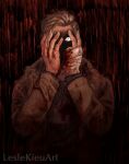  1boy artist_name bandaged_hand blonde_hair blood blood_stain bloody_clothes commentary constricted_pupils covering_face dark_background english_commentary ethan_winters hands_on_own_face hands_up injury jacket jpeg_artifacts lesle_kieu long_sleeves looking_at_viewer male_focus missing_finger resident_evil resident_evil_village shaded_face solo upper_body watermark yellow_jacket 