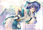  angel aqua_eyes blue_eyes blush bow braids feathers gabriel_(isepapa) glasses gloves hane_yuki hat isekai_no_papa panties ribbons see_through twintails underwear wings 