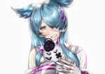  +_+ 1girl alien_simp animal animal_ears aqua_eyes bangs black_sclera colored_sclera cross_hair_ornament dragon dragon_ears dragon_girl elira_pendora extra_eyes face fangs gloves grey_gloves grey_overalls grin hair_ornament hair_over_one_eye holding holding_animal long_sleeves looking_at_viewer multicolored_hair nijisanji nijisanji_en off_shoulder one_eye_covered overalls pikl_(elira_pendora) plus_sign single_glove sleeves_past_fingers sleeves_past_wrists smile solo sweater upper_body virtual_youtuber white_eyes white_sweater 