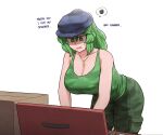  1girl bangs bent_over black_headwear box breasts camouflage camouflage_pants camouflage_tank_top cleavage english_commentary english_text flat_cap green_eyes green_hair green_pants green_tank_top hat highres jewelry key large_breasts looking_down mata_(matasoup) medium_hair open_mouth pants pendant pocket simple_background solo spoken_squiggle squiggle standing tank_top touhou white_background yamashiro_takane 