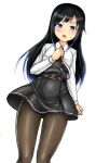  1girl asashio_(kancolle) black_hair black_legwear blue_eyes commentary_request cowboy_shot dress from_below jacket kantai_collection kudou_(ooabareteng) long_hair long_sleeves looking_at_viewer pantyhose pinafore_dress simple_background solo white_background white_jacket 