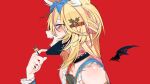  1girl :d absurdres animal_ear_fluff animal_ears bandaid bandaid_on_neck blonde_hair blue_bow bow commentary_request detached_wings fangs fox_ears from_side hair_bow highres hololive jewelry kakult2017 looking_at_viewer looking_to_the_side mask_pull multicolored_hair multiple_rings omaru_polka open_mouth pink_eyes pink_hair profile red_background ring sideways_glance simple_background smile streaked_hair tongue tongue_out upper_teeth vampire vampire_(vocaloid) virtual_youtuber wings 