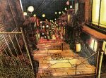  absurdres balcony building commentary_request crosshatching hatching_(texture) highres house ibsukionsen lamppost night no_humans original outdoors plant power_lines railing scenery stairs stone_walkway traditional_media vending_machine vines wall window 