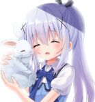  1girl alternate_hairstyle blue_bow blue_hair blue_vest blush bow bunny closed_eyes fujii_tatsuya gochuumon_wa_usagi_desu_ka? hair_ornament highres kafuu_chino light_blue_hair open_mouth ponytail rabbit_house_uniform simple_background smile solo vest white_background x_hair_ornament 